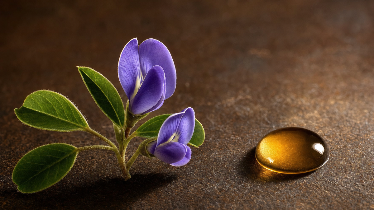A flowering sprig beside a warm amber droplet