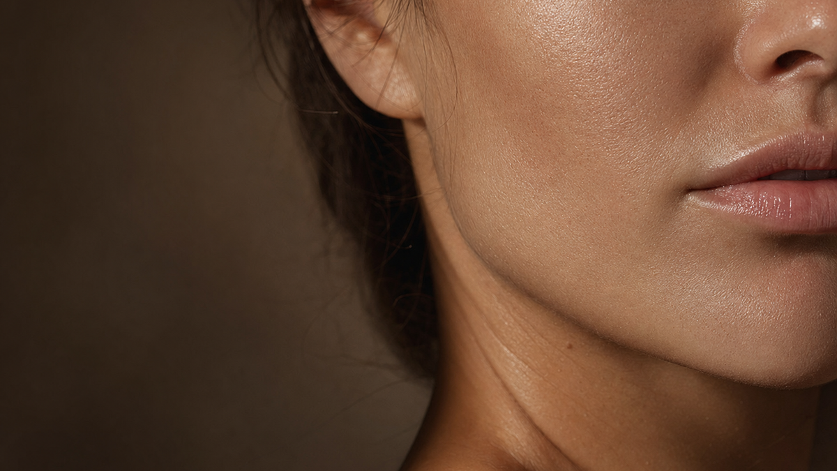 Close-up of the lower half of a woman's face, jaw and neck in soft warm light