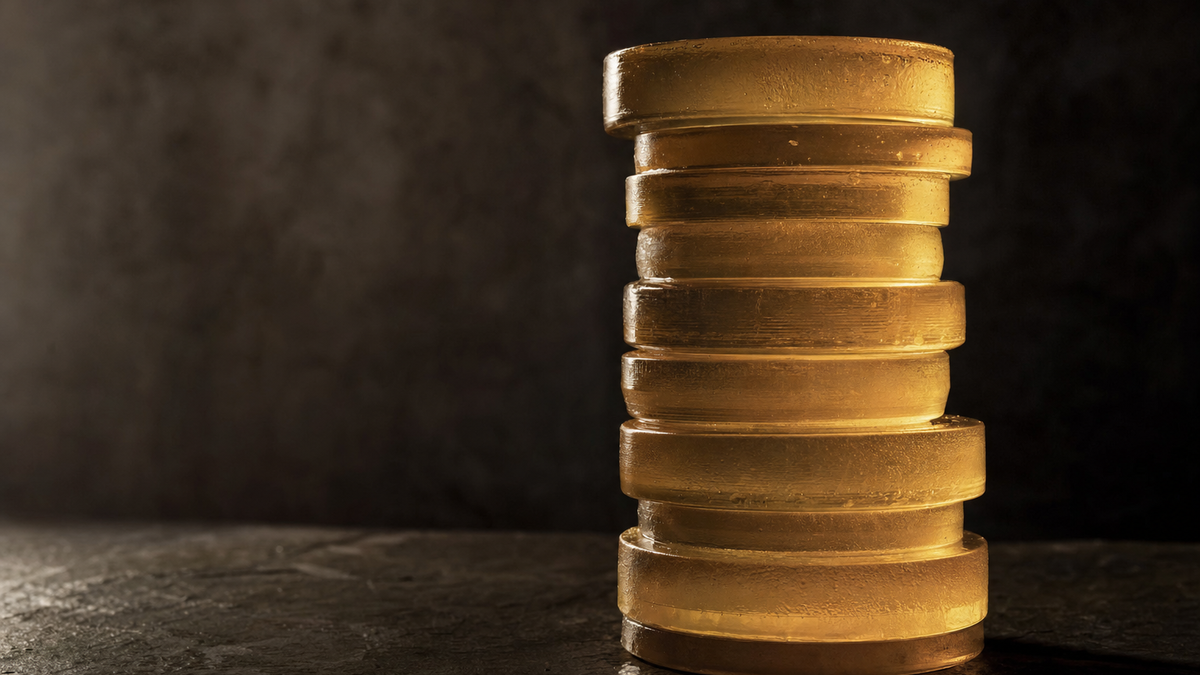 Stacked translucent amber gel discs balanced like a small column, symbolising structural firmness in skin