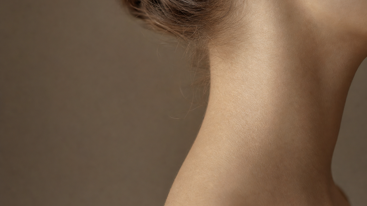 The back of a woman's neck and shoulder, hair pinned up, against a muted brown background