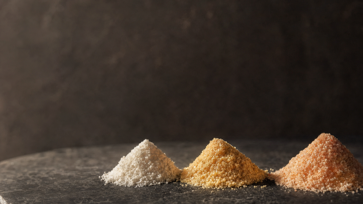 Three small mounds of crystalline powder in different colours, representing different forms of vitamin C