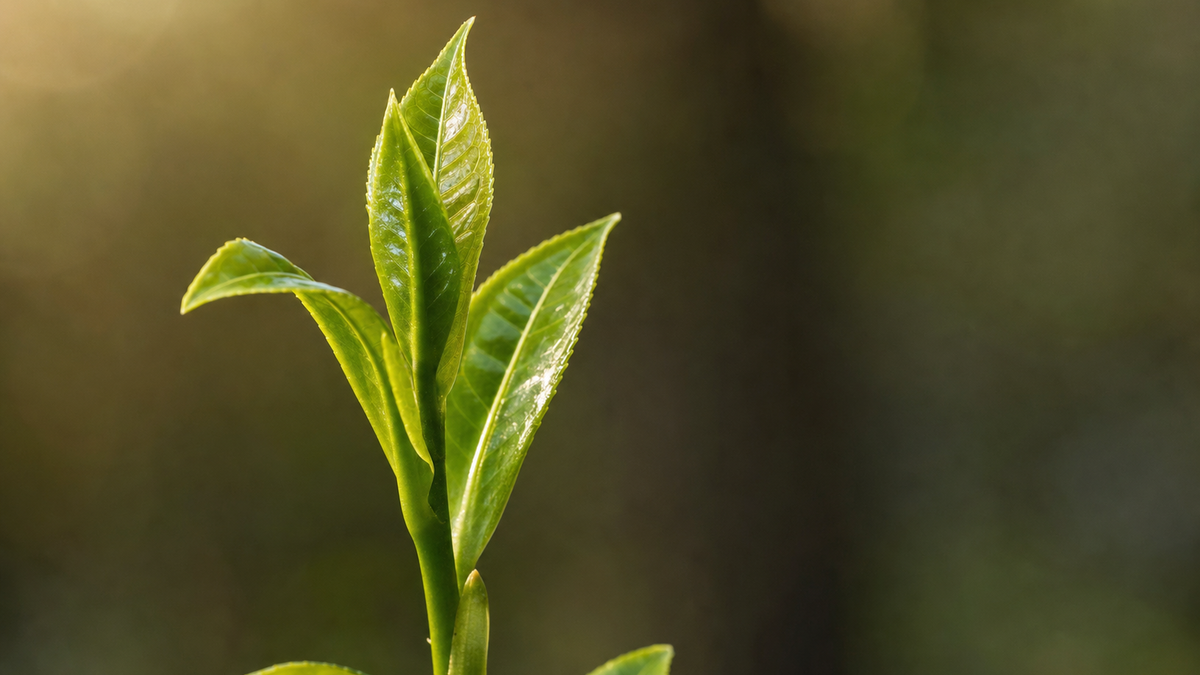 A fresh green shoot with young leaves in soft golden morning light