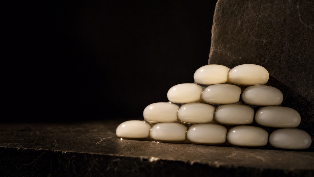 Glossy droplets stacked like bricks, illustrating the skin barrier