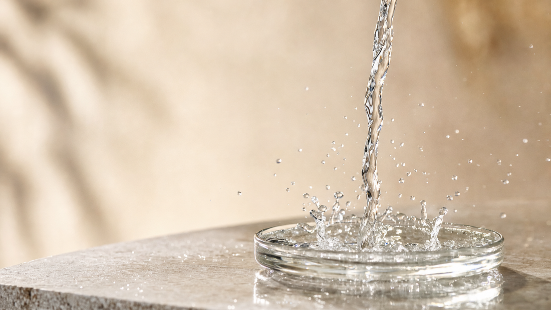 A stream of clear water splashing into a glass dish on stone, capturing abundant hydration in motion