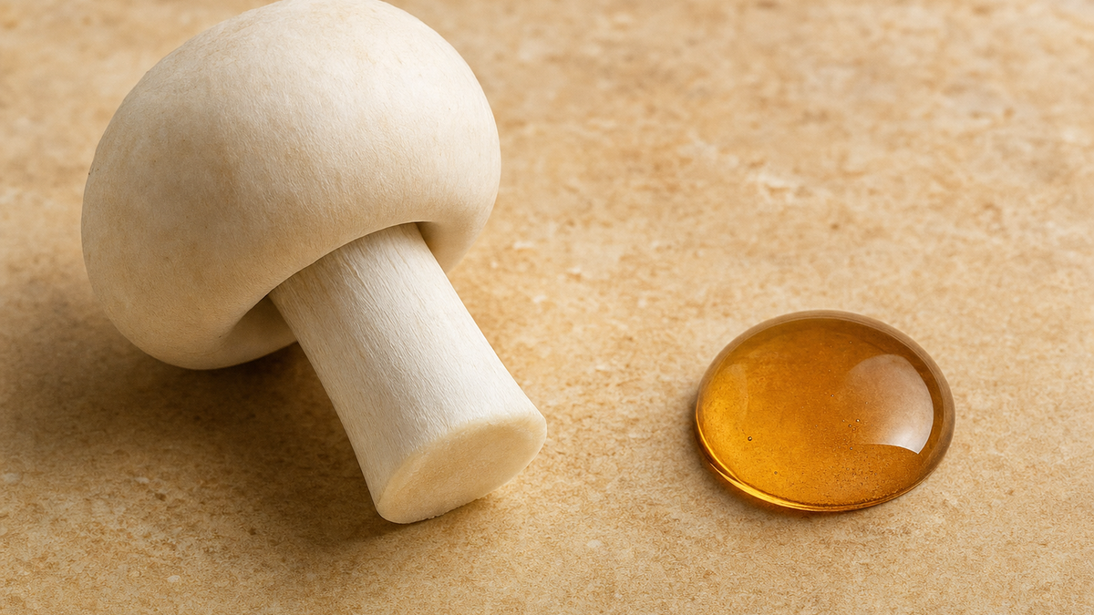 A pale mushroom beside a single glossy amber droplet on warm sandstone, a quiet nod to kojic acid's fermented origins