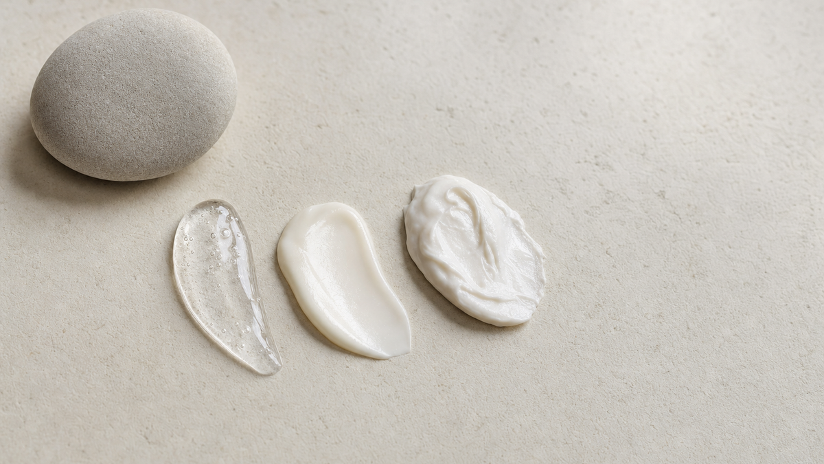 Three skincare textures, from clear gel to lotion to rich cream, beside a grey pebble on pale stone
