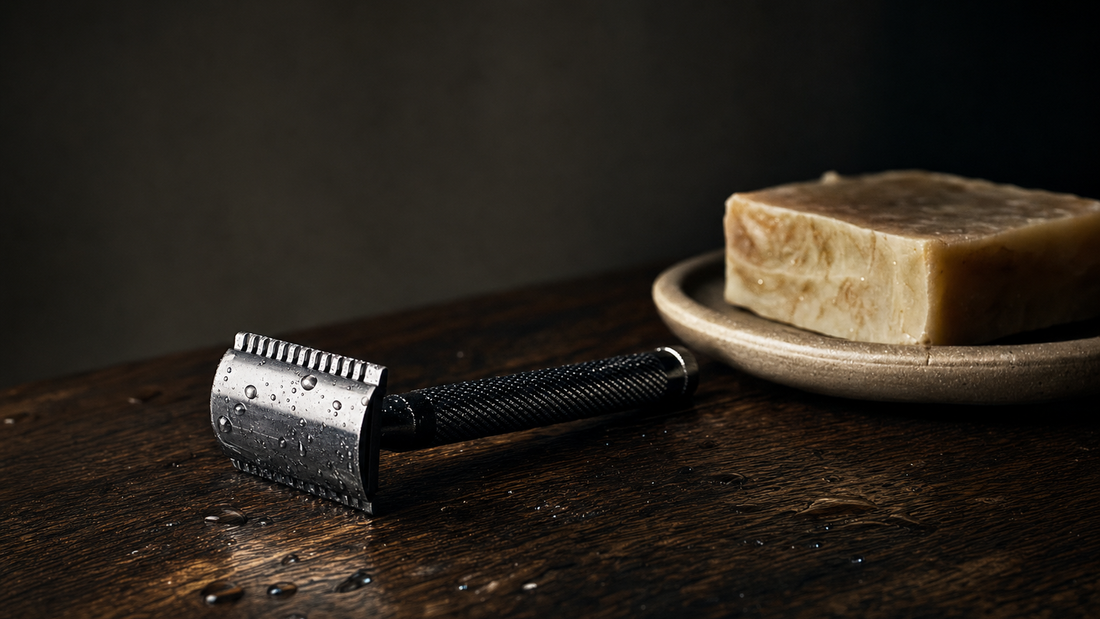 A safety razor with water droplets beside a bar of soap on a ceramic dish, on dark wood