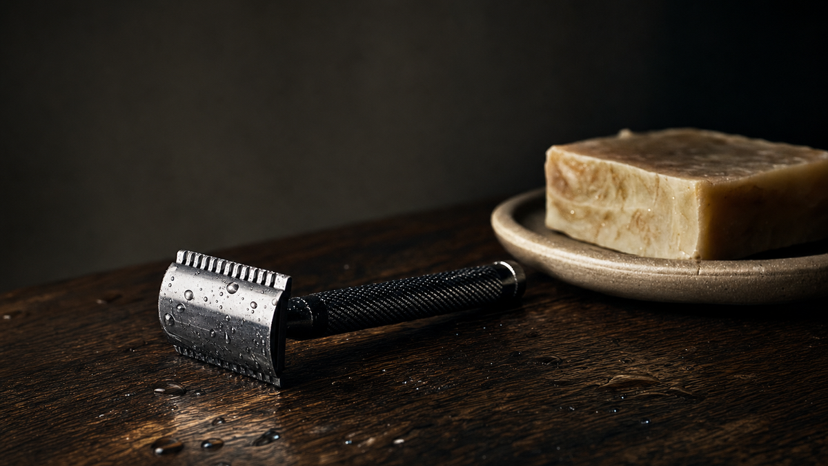 A safety razor with water droplets beside a bar of soap on a ceramic dish, on dark wood