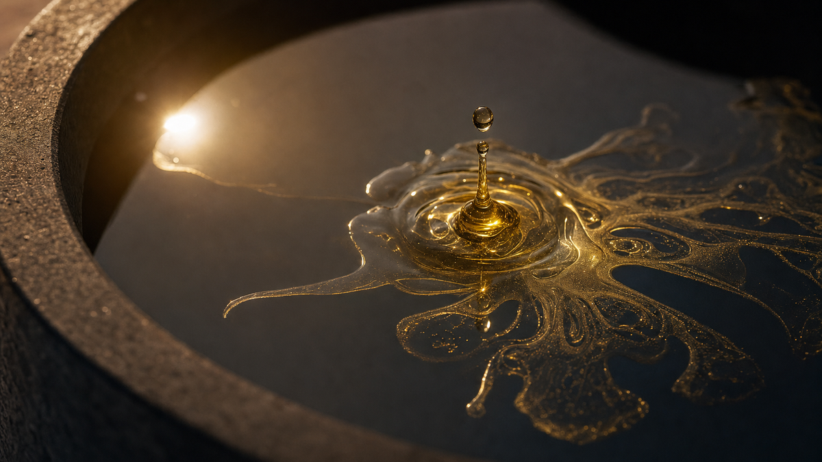 Golden oil spreading across dark water in a stone bowl as a single drop falls