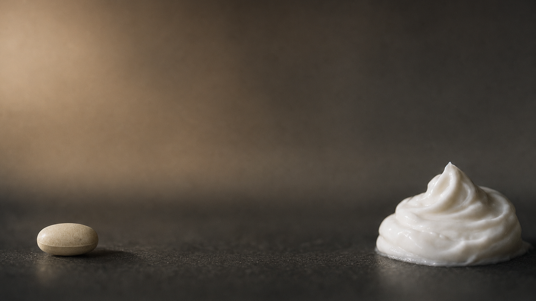 A single capsule beside a swirled dollop of cream, contrasting taken versus applied peptides