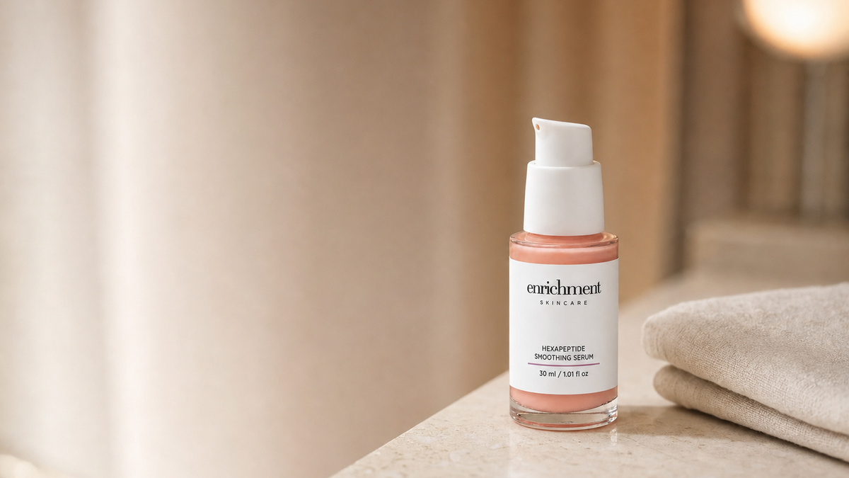Hexapeptide Smoothing Serum on a marble bathroom shelf