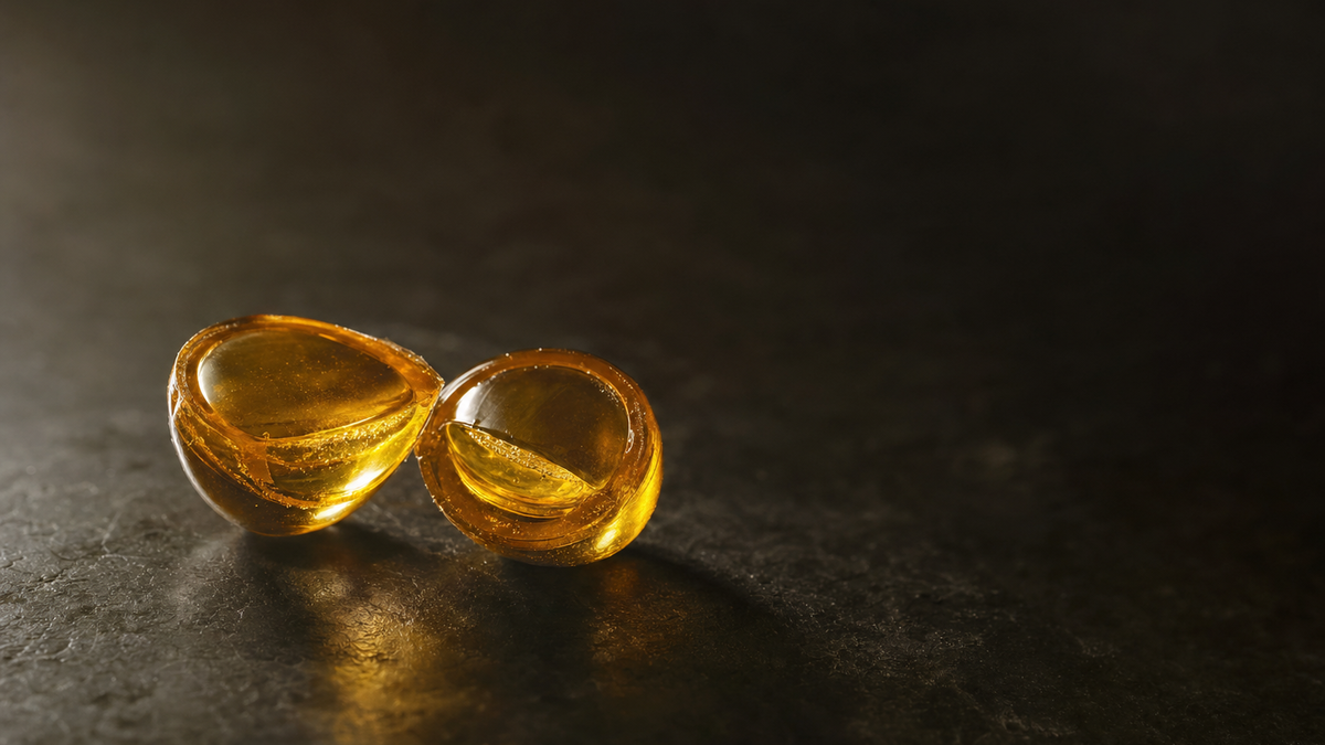 A golden gel capsule cut in half revealing the oil inside, a cross-section of a retinol capsule