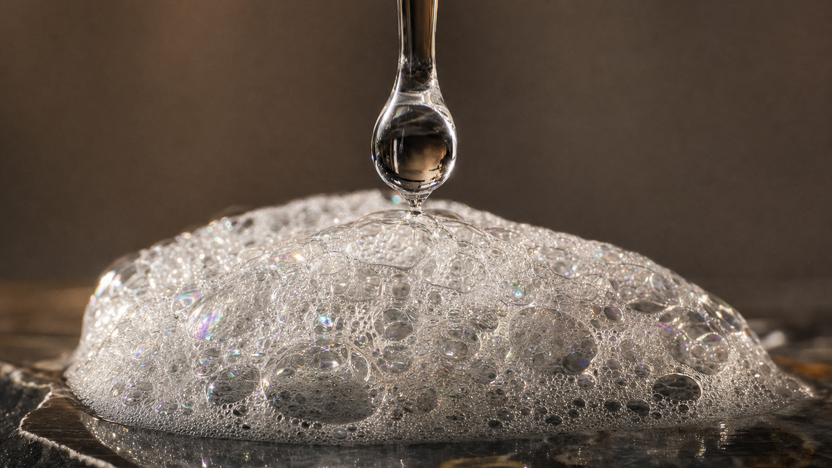 A clear droplet falling from a dropper onto a mound of foam bubbles