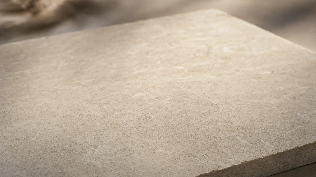 A bare, softly lit stone slab with gentle raking light, symbolising a clean slate for a new skincare routine