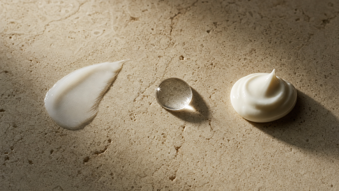 Three skincare textures on pale stone: a swipe of milky cleanser, a clear gel droplet and a swirl of white cream