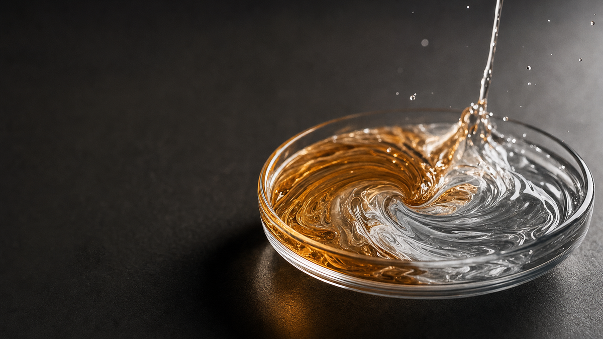 Clear and amber liquids swirling together in a shallow glass dish on a dark surface