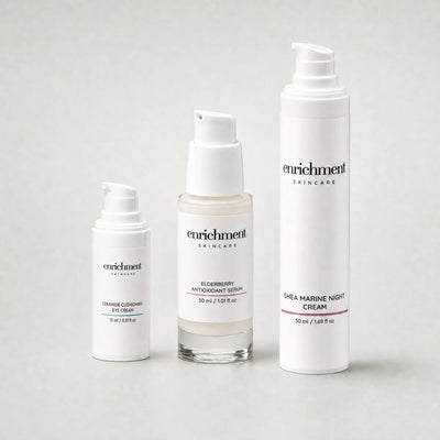 Ceramide Cushioning Eye Cream, Elderberry Antioxidant Serum and Shea Marine Night Cream standing together in a row, smallest to tallest