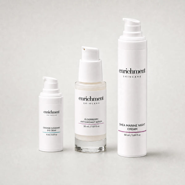 Ceramide Cushioning Eye Cream, Elderberry Antioxidant Serum and Shea Marine Night Cream standing together in a row, smallest to tallest