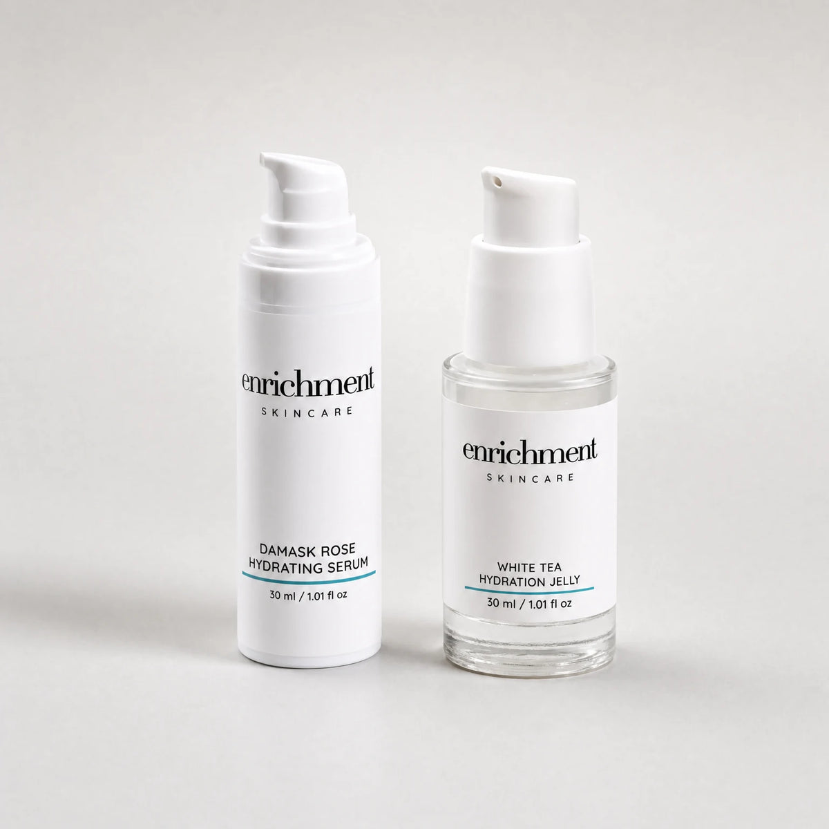 Damask Rose Hydrating Serum and White Tea Hydration Gel standing side by side, both 30 ml