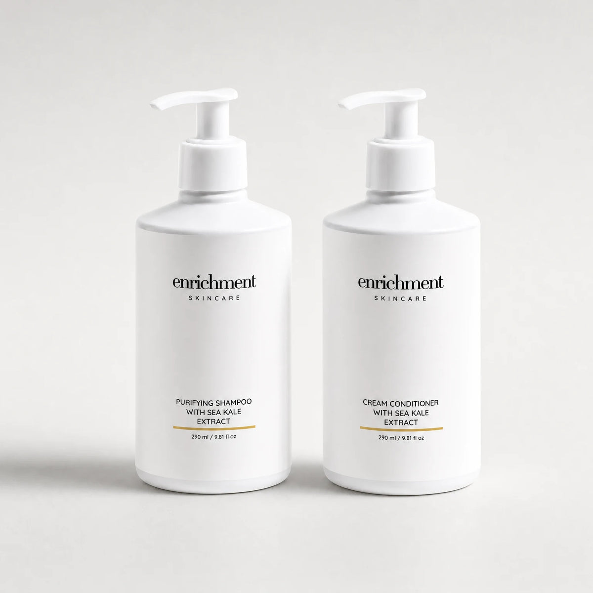 The Purifying Shampoo with Sea Kale Extract and the Cream Conditioner with Sea Kale Extract standing side by side