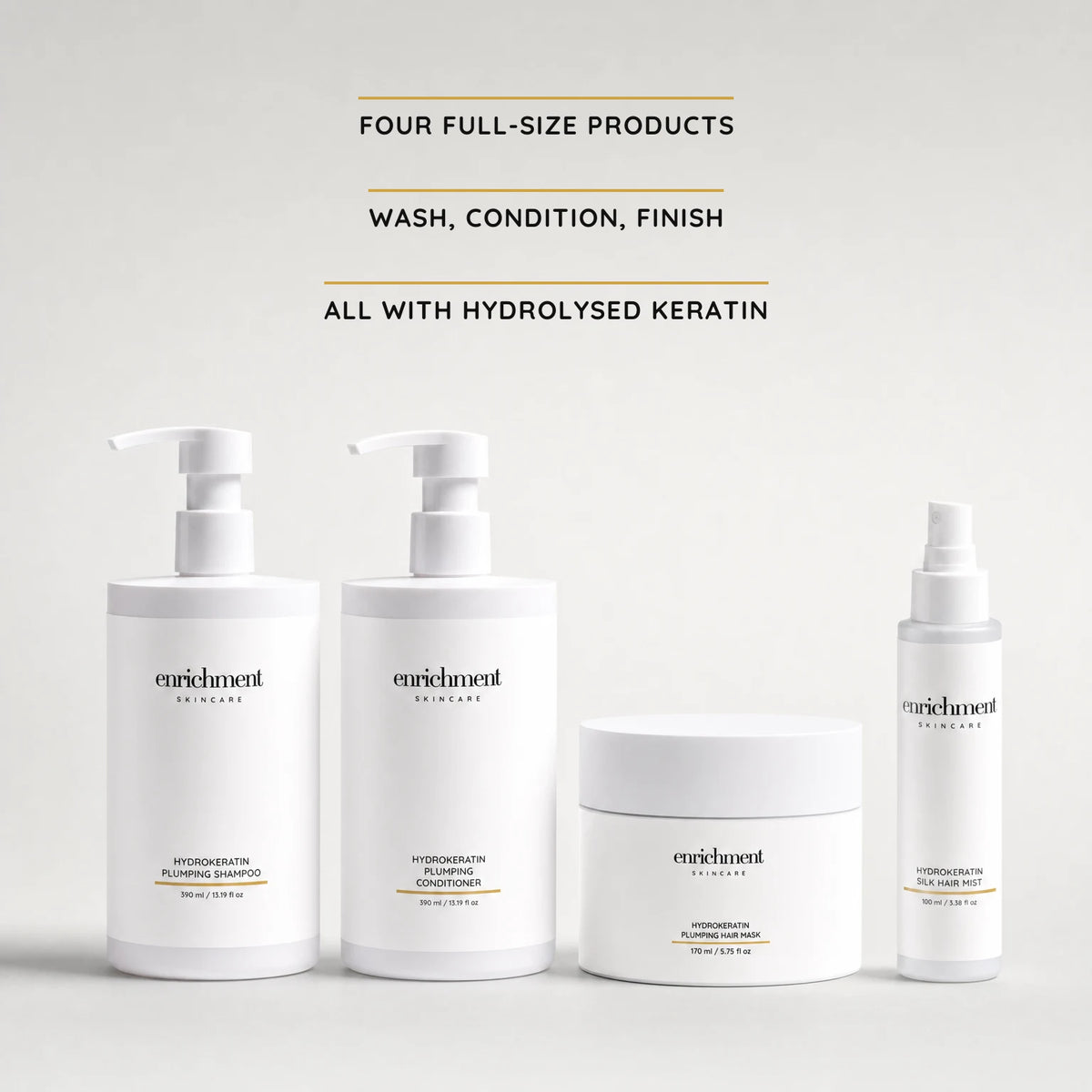 The Hydrokeratin Hair Set: four full-size products, wash, condition and finish, all with hydrolysed keratin