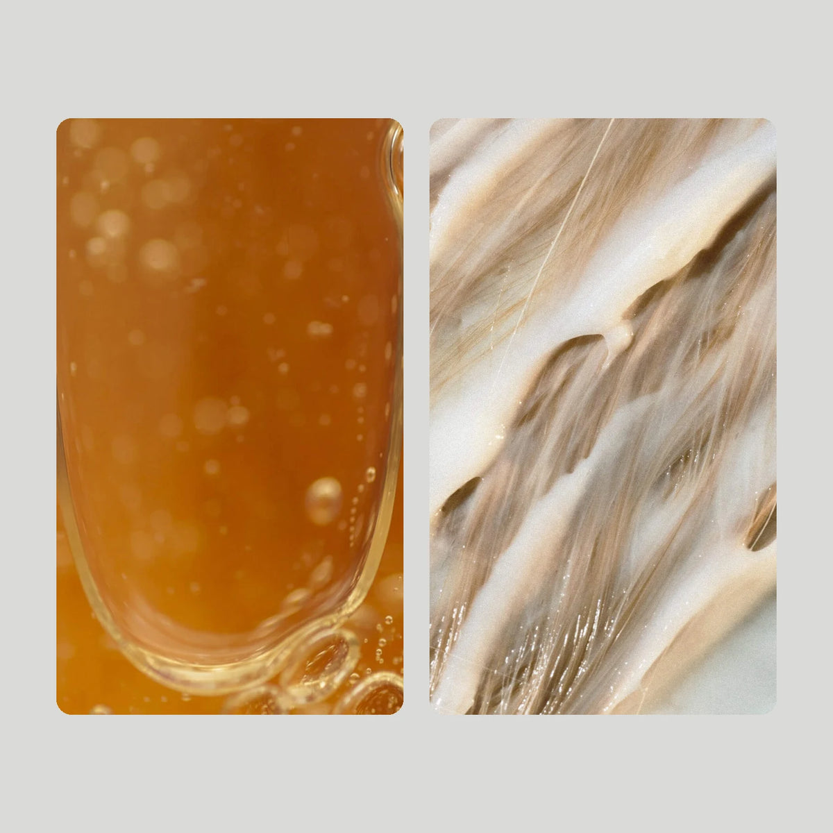 Two texture close-ups: the golden shampoo gel on the left and the creamy white conditioner through strands of hair on the right