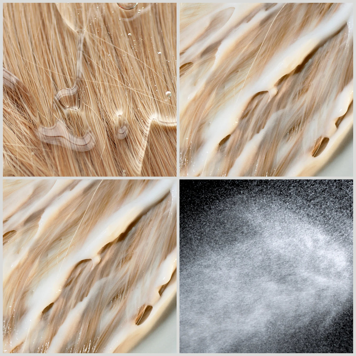 Textures of the four formulas as photographed by Selfnamed: clear shampoo gel on hair, conditioner cream and hair mask cream on hair strands, and a fine hair mist spray