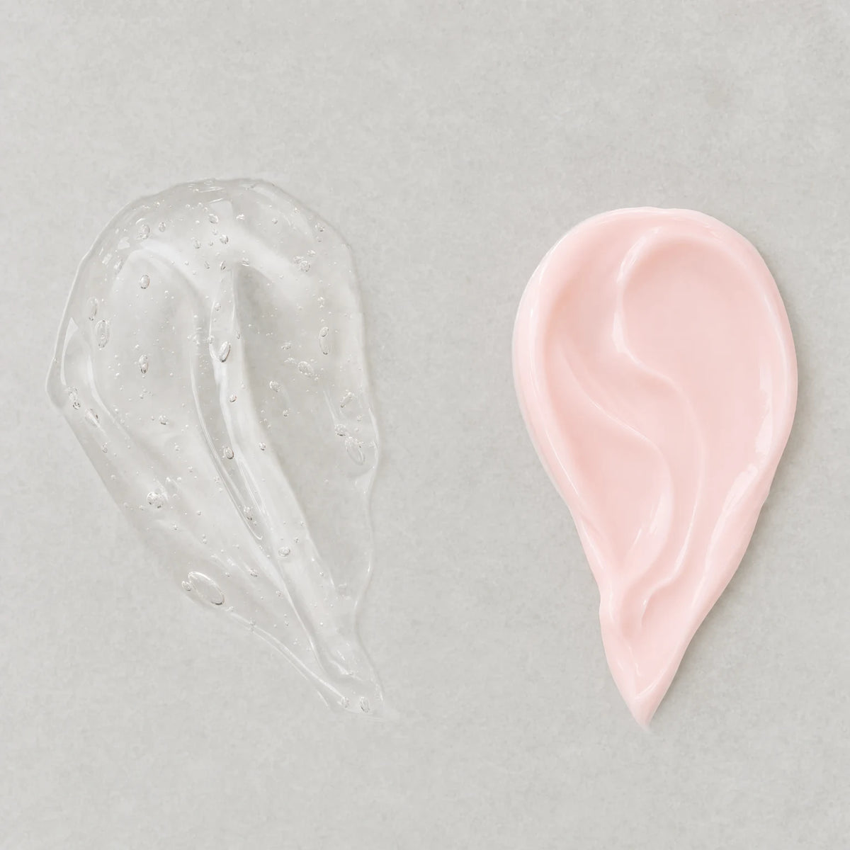 Swatches of the two formulas: a clear glossy gel with small bubbles and a soft rose-pink cream