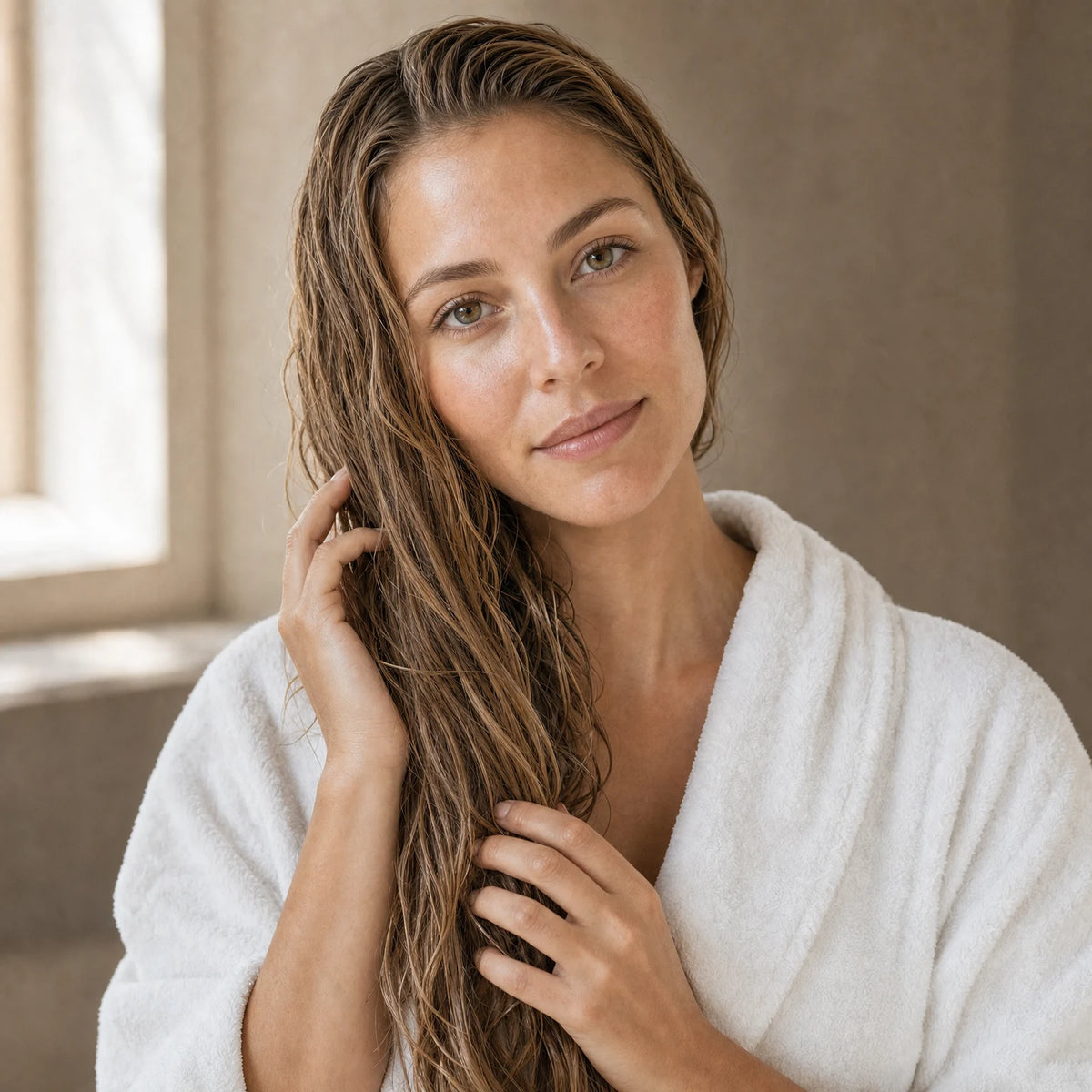 A young woman with long damp honey-brown hair in a white towelling robe, framed close and centred in a calm stone bathroom, gently smoothing conditioned hair through the lengths and looking softly toward the camera