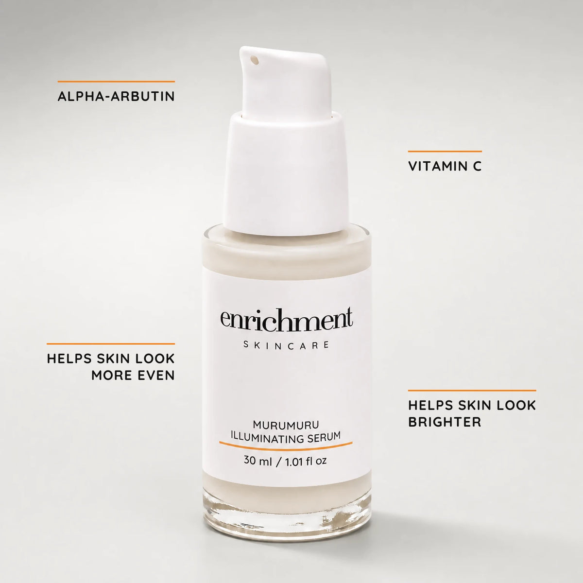 Murumuru Illuminating Serum bottle with the claims Alpha-arbutin, Vitamin C, Helps skin look more even and Helps skin look brighter