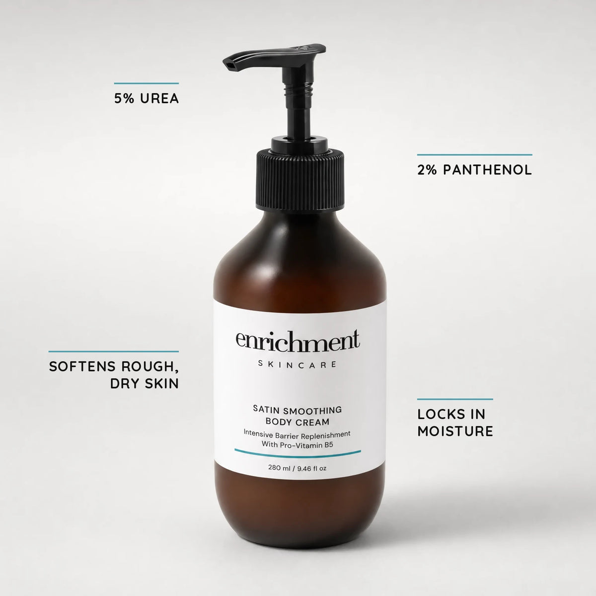 Satin Smoothing Body Cream in an amber bottle with key ingredient claims