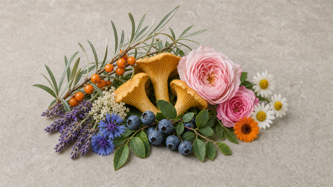 Damask roses, lavender, cornflowers, elderflower, chamomile, blueberries, chanterelles and sea buckthorn arranged as one botanical still life on pale stone