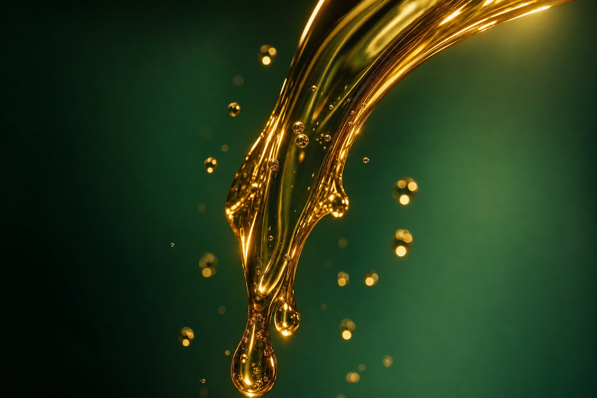 Golden serum oil pouring against an emerald background