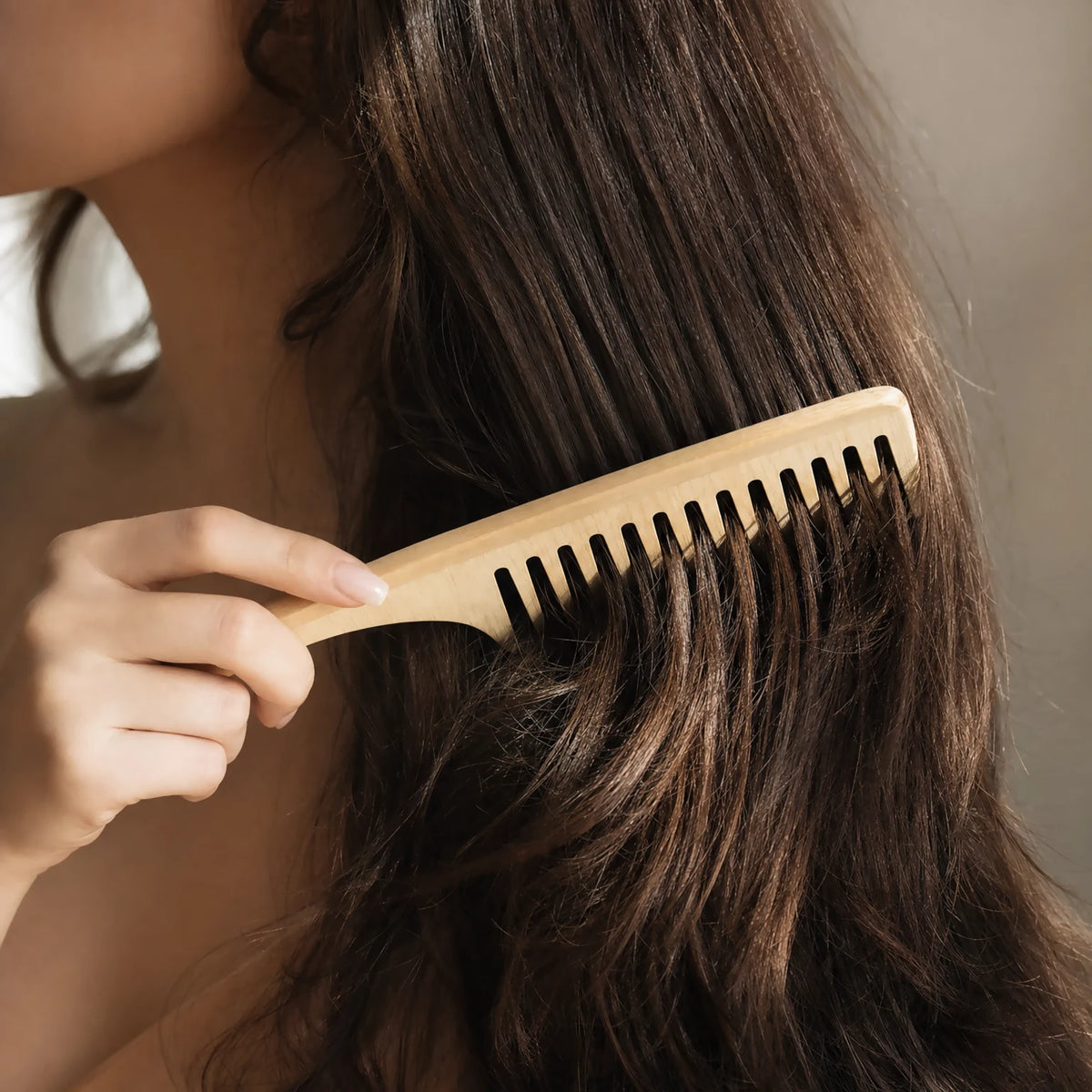 Hand drawing a wide-tooth comb through voluminous hair