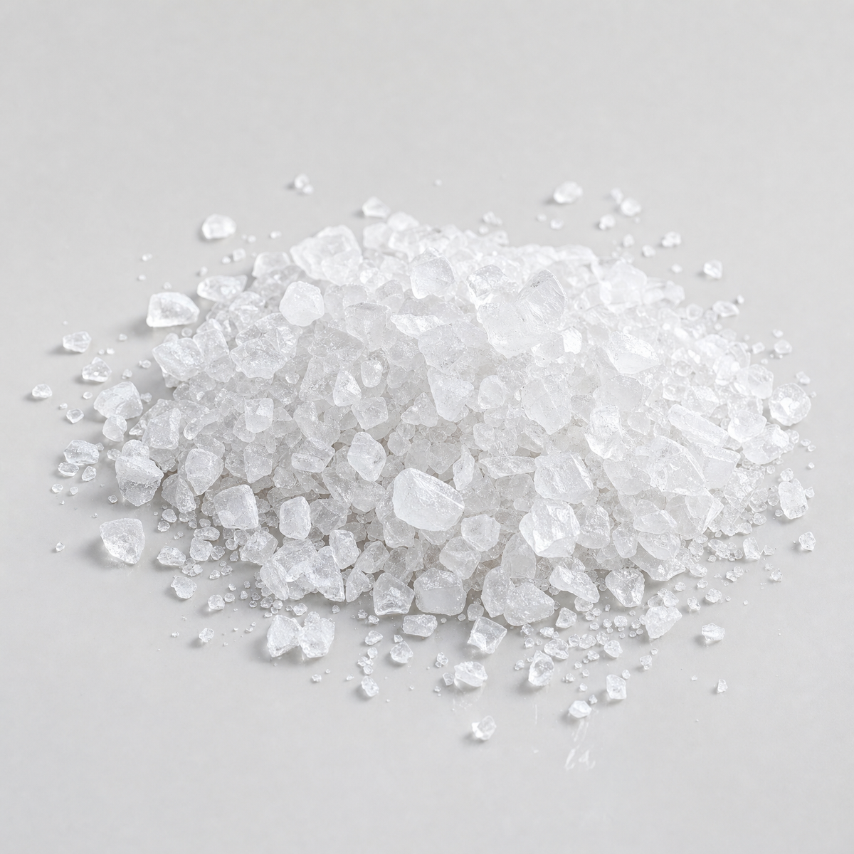 A small heap of coarse white citric acid crystals