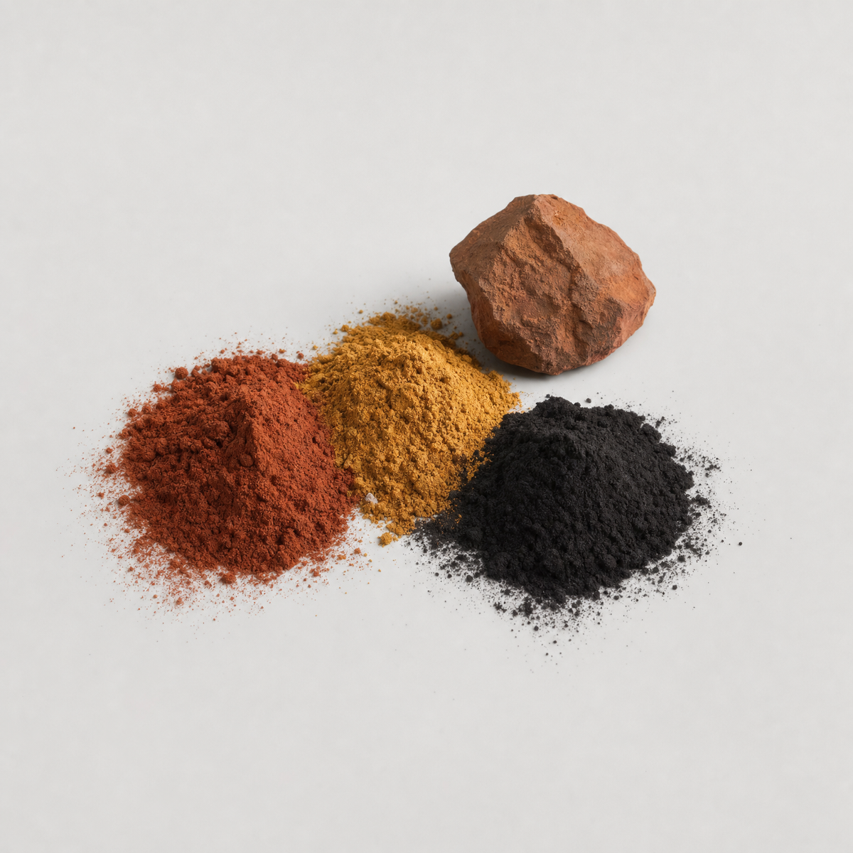 Small heaps of red, yellow and black iron oxide pigment powder beside a chunk of ochre