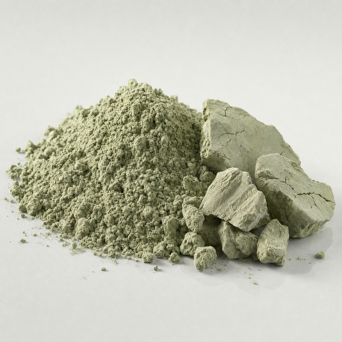 A heap of sage-green clay powder beside dry chunks of raw green clay