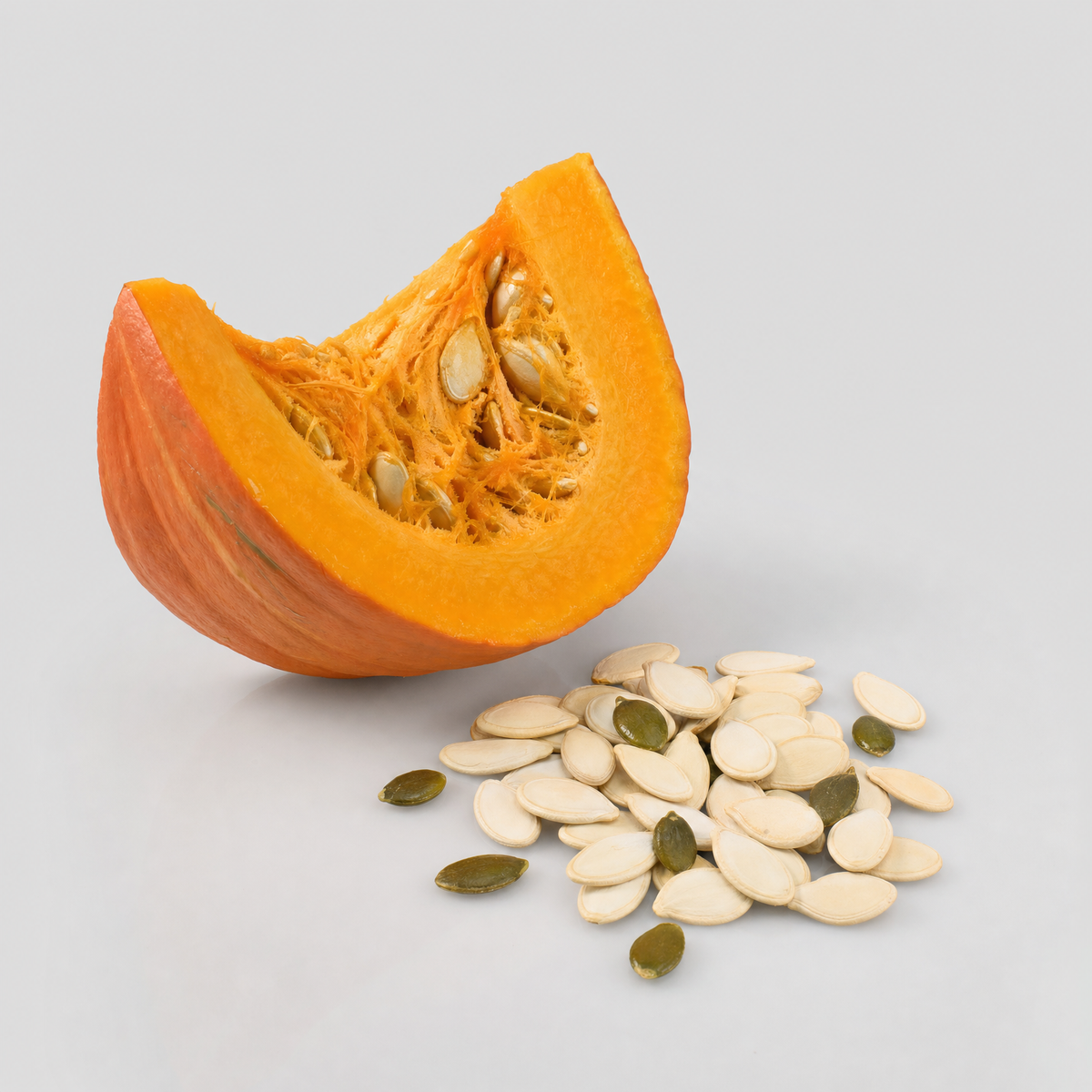 A wedge of orange pumpkin beside a small pile of pumpkin seeds