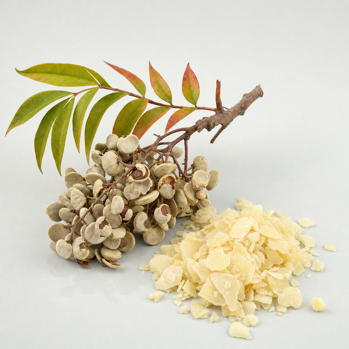 A branch of Japanese wax tree berries beside pale flakes of Japan wax