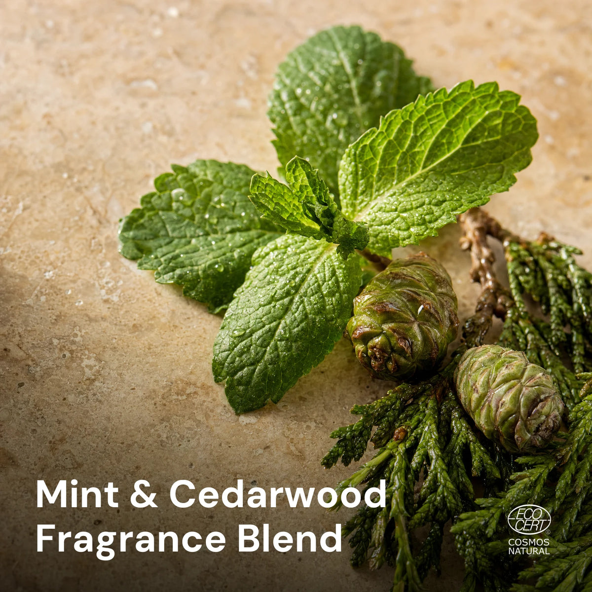 Fresh peppermint leaves and fresh cedarwood cones on stone