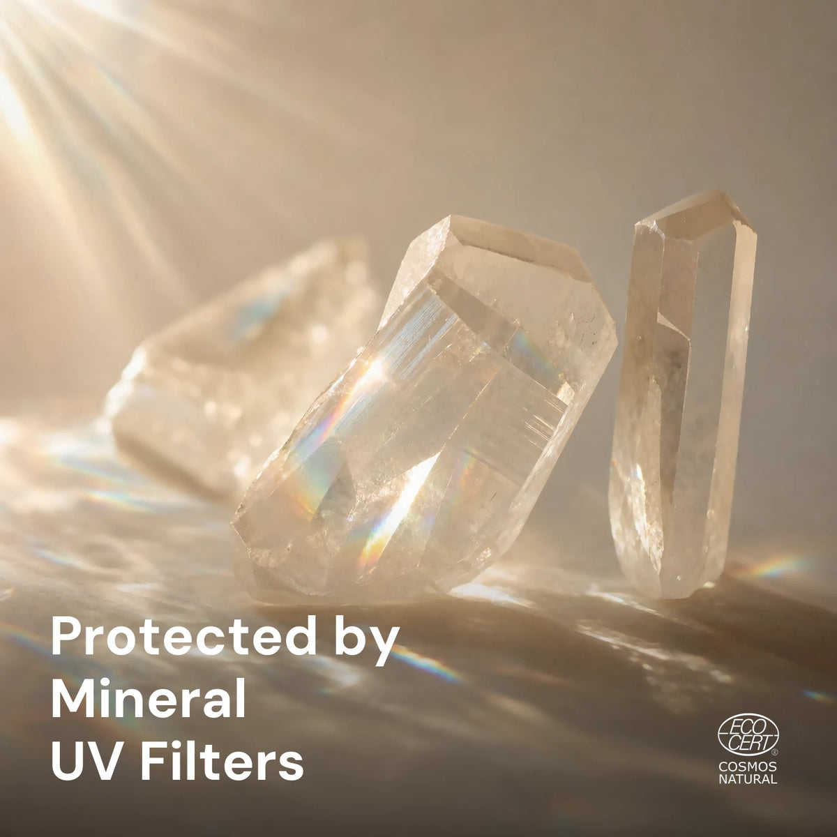 Abstract mineral crystals filtering sunlight, representing mineral UV filters