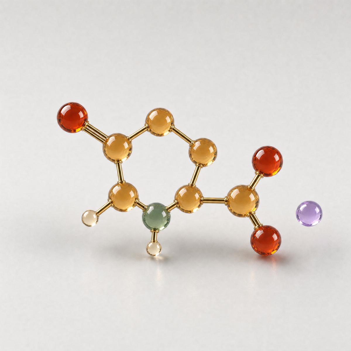 A glass ball-and-stick model of a sodium PCA molecule with its nitrogen ring and sodium ion