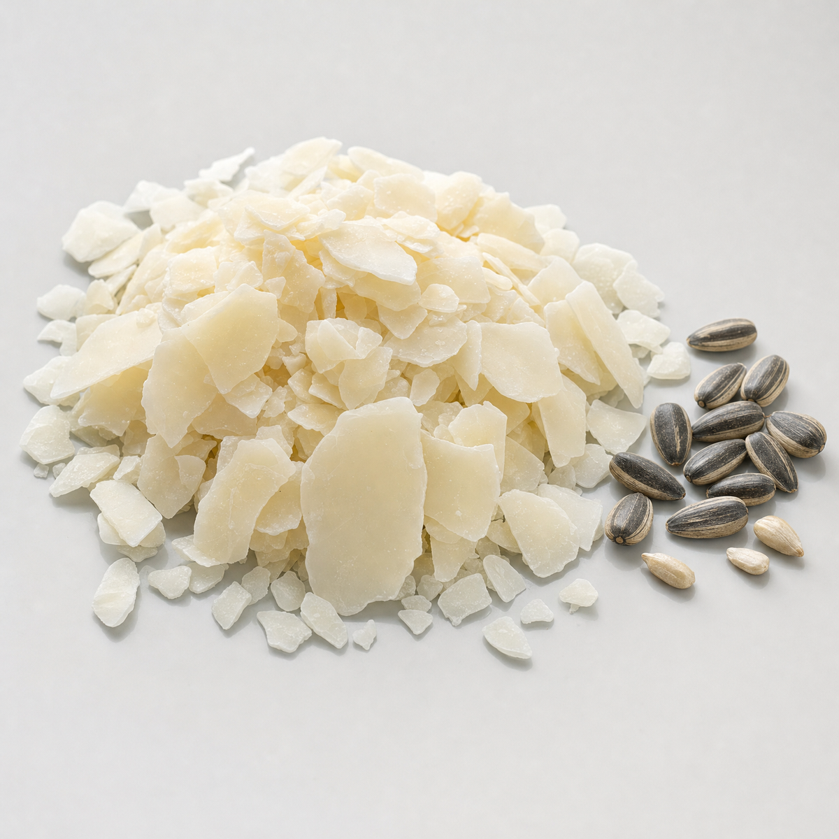 Pale flakes of sunflower seed wax beside whole striped sunflower seeds