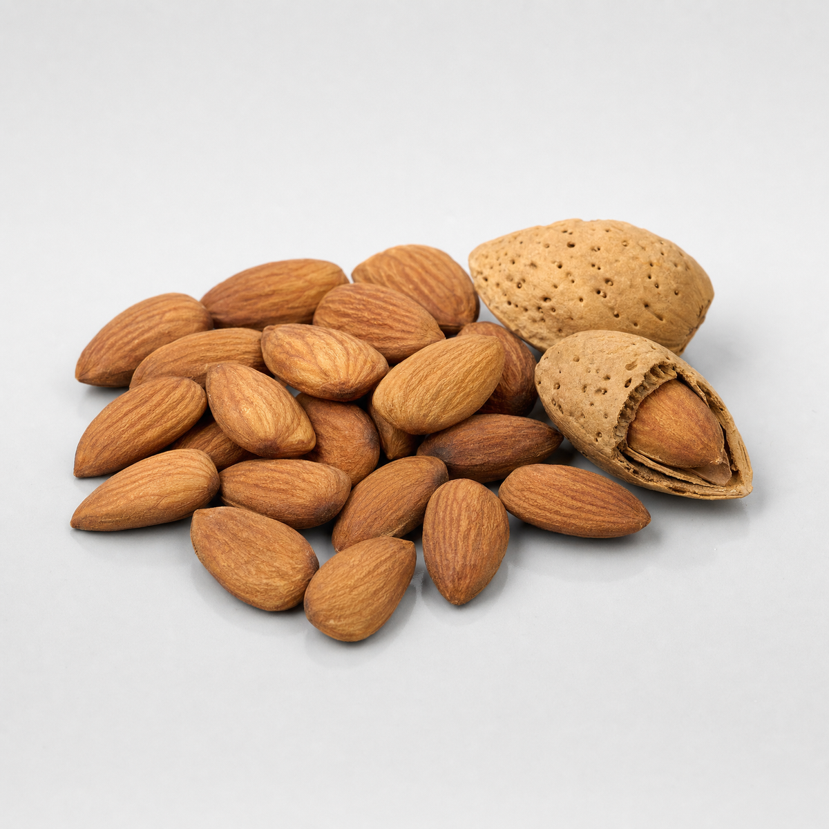 A small pile of whole sweet almonds beside two almonds in their shells