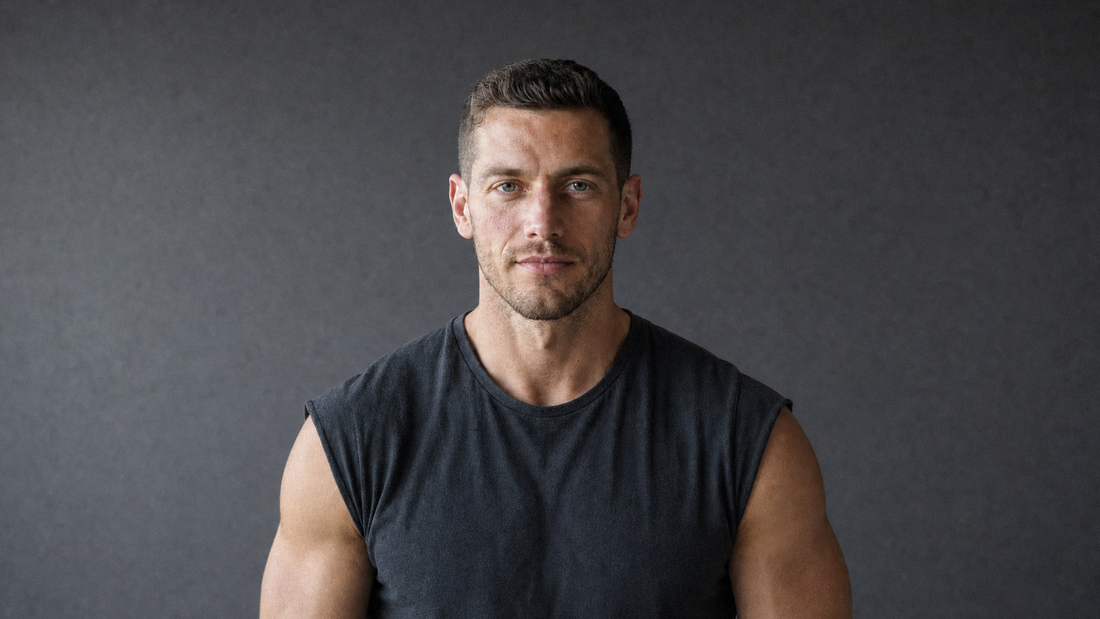 Portrait of a muscular man with short dark hair and light stubble looking at the camera, bare shoulder and upper arm, against a dark charcoal wall