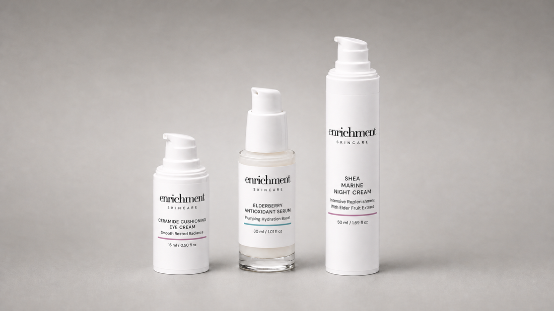 Ceramide Cushioning Eye Cream, Elderberry Antioxidant Serum and Shea Marine Night Cream standing in a row, smallest to tallest, on a darker neutral grey studio background