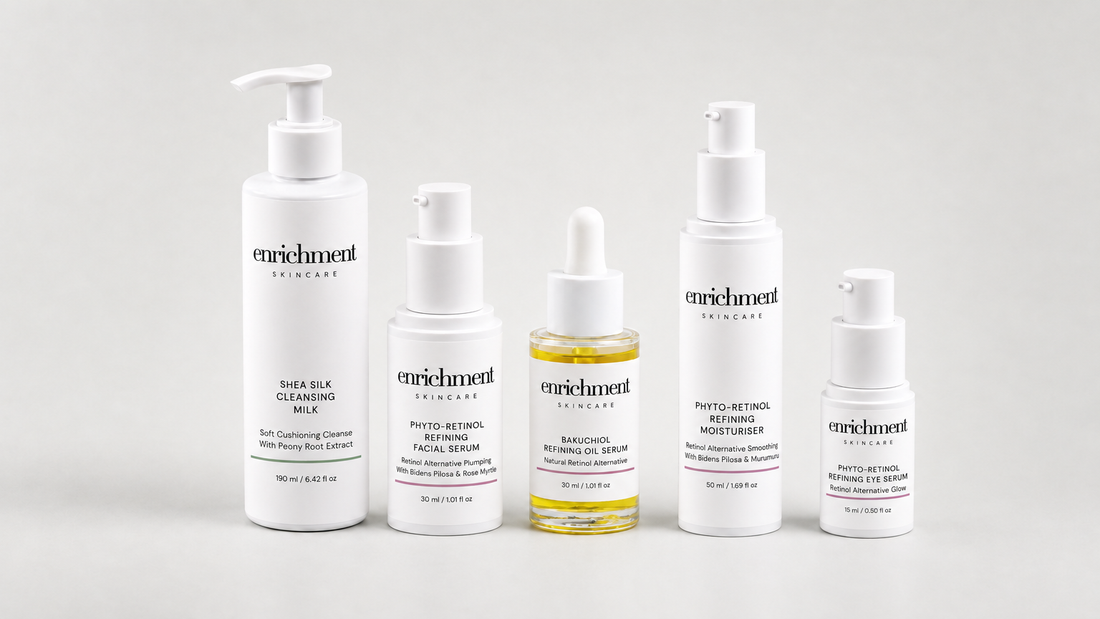 Five Enrichment Skincare products standing together: Shea Silk Cleansing Milk, Phyto-Retinol Refining Facial Serum, Bakuchiol Refining Oil Serum, Phyto-Retinol Refining Moisturiser and Phyto-Retinol Refining Eye Serum