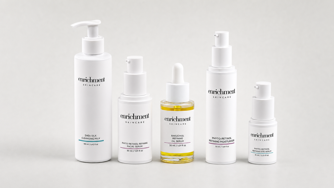 Five Enrichment Skincare products standing together: Shea Silk Cleansing Milk, Phyto-Retinol Refining Facial Serum, Bakuchiol Refining Oil Serum, Phyto-Retinol Refining Moisturiser and Phyto-Retinol Refining Eye Serum