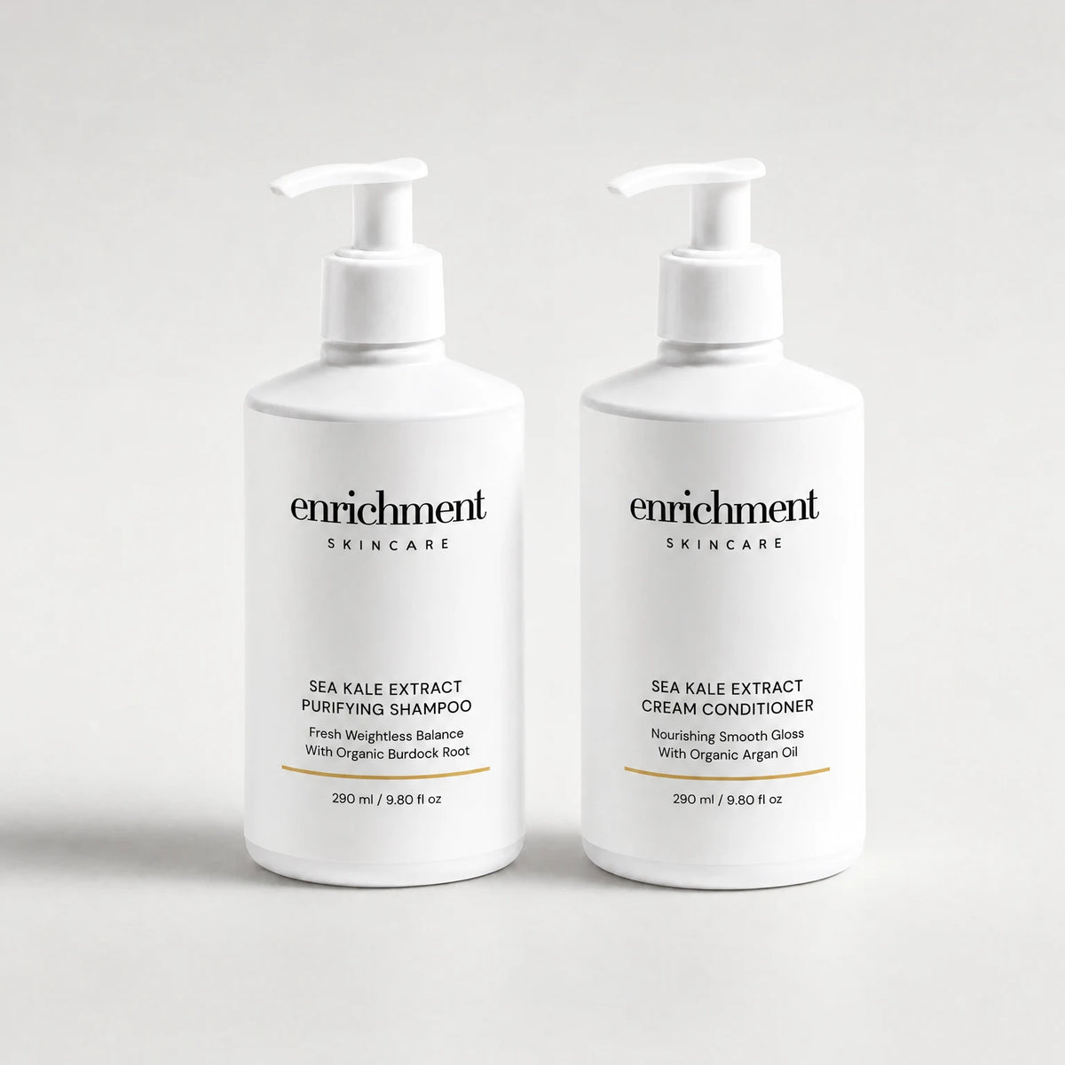 The Purifying Shampoo with Sea Kale Extract and the Cream Conditioner with Sea Kale Extract standing side by side