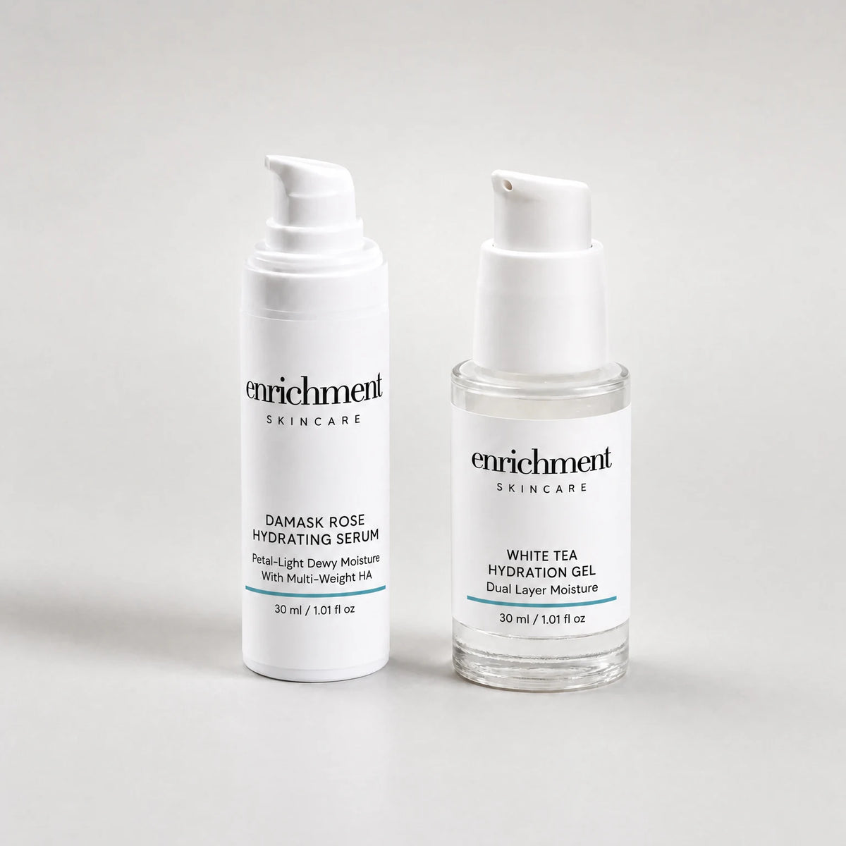 Damask Rose Hydrating Serum and White Tea Hydration Gel standing side by side, both 30 ml